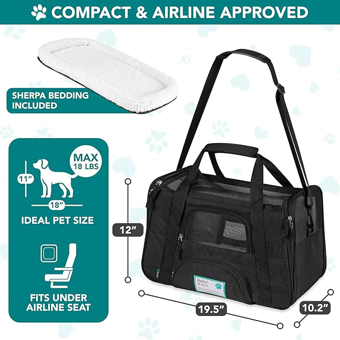 PetAmi Airline Approved Pet Carrier for Cats & Small Dogs, Soft Sided TSA Travel Carrier Bag with Sherpa Bed, Breathable Mesh Ventilation, Collapsible Bowl, Fits Under Seat, Up to 18 lbs, Large Black