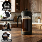 OVENTE French Press Coffee Maker 34 Ounce with Heat Resistant Borosilicate Glass & Stainless Steel 4-Level Filtration System, Portable Cold Brew Coffee Maker for Travel, Camping or Gift, Black FPB34B