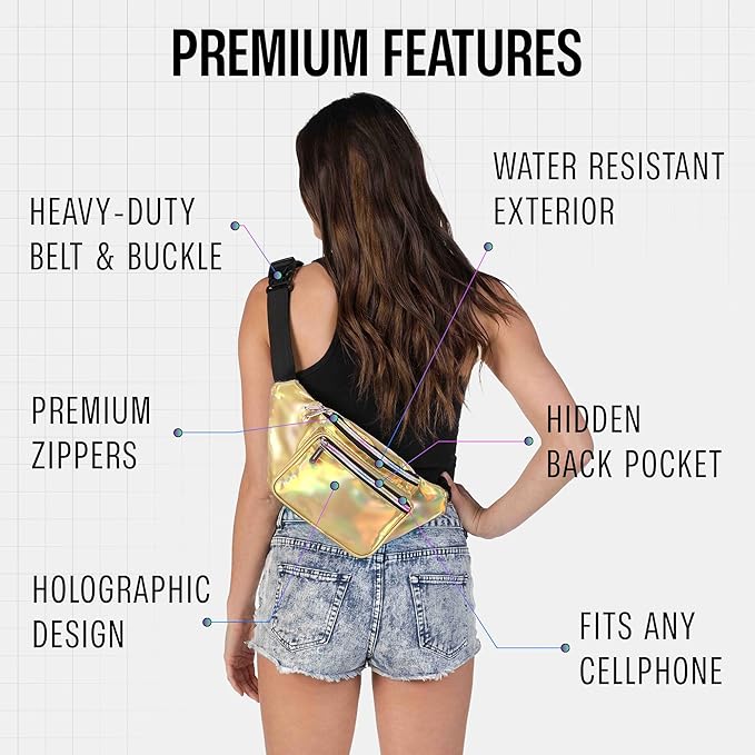Holographic Fanny Pack Belt bag - Crossbody Waist Bag for Men or Women - Hands-Free, Waterproof Large Bumbag for Hiking, Running, and Travel (Gold)
