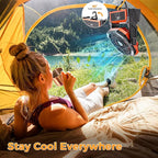 Camping Fan Rechargeable, Battery Powered Fan with Lights, Outdoor Beach Tent Fans, 4 Speed, Adjustable Brightness for Picnic, Barbecue, Fishing, Office, Home