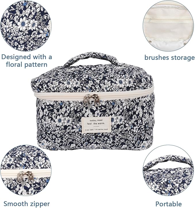 Gosect Large Makeup Bag, Cute Cosmetic Bag for Women Girls, Floral Coquette Aesthetic Toiletry Bag, Travel Make Up Organizer Bag (Black Rose Flower)