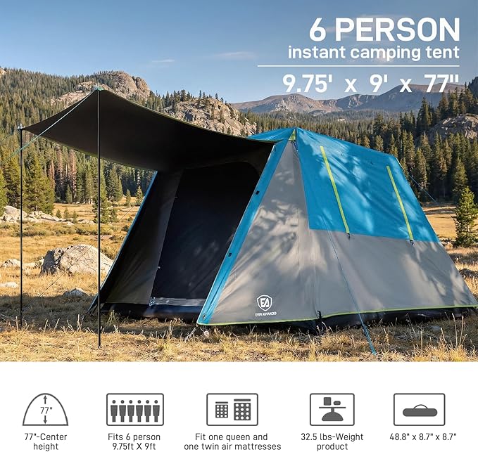 EVER ADVANCED Blackout 6 Person Camping Tent, Instant Cabin Tent for Family with Vestibule and Large Mesh Windows, 60s Easy Setup, Double Layer, Water-Resistant