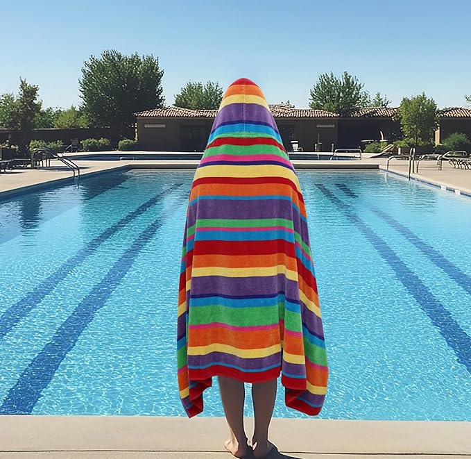 COTTON CRAFT Hooded Beach Towel – Oversized 35 x 70 Towel with Hood for Adults - Summer of Siam - 100% Cotton Velour Dobby Terry Towel - Soft Absorbent Quick Dry - Pool Bath Wrap – Multicolor Stripe