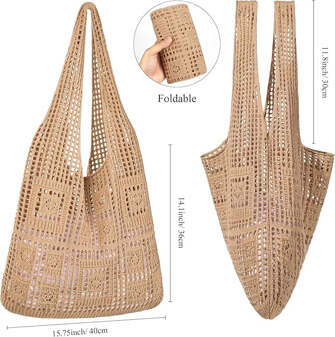 WantGor Crochet Bags, Beach Mesh Tote Bag Womens Shoulder Shopping Handbag Casual Travel Totes Bag Foldable Hobo Bags