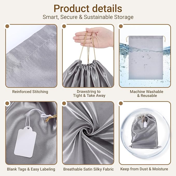 Ewen 3pcs Satin Drawstring Dustbags for Handbags with Blank Tags, Dustproof Travel Essentials Organizer Pouch in Small Medium Large Sizes, Packing Bag Set for Home Storage Jewelry Shoes Organization