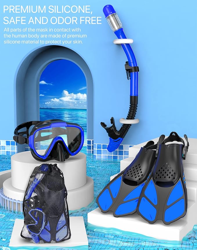 Ubekezele Snorkeling Gear for Adults Men Women,4 in 1 Snorkel Set with Panoramic View Diving Mask Anti-Fog Anti-Leak,Dry Top Snorkel,Fins and Travel Bag for Swimming,Snorkeling and Travel Diving
