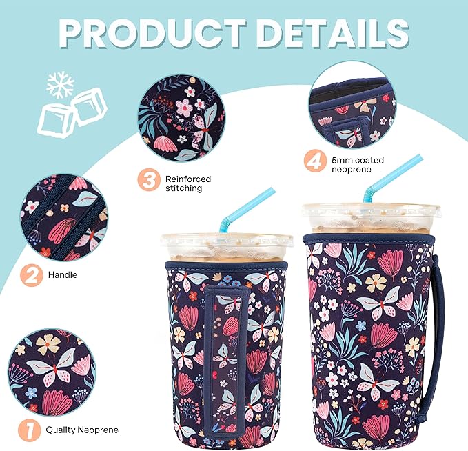 KJQJLY 3 Reusable Iced Coffee Sleeves for Iced Coffee Cups or Drinks Reusable Neoprene Insulated Sleeves for Hot and Cold Drinks from Starbucks, Dunkin, And More (Butterfly Bush)