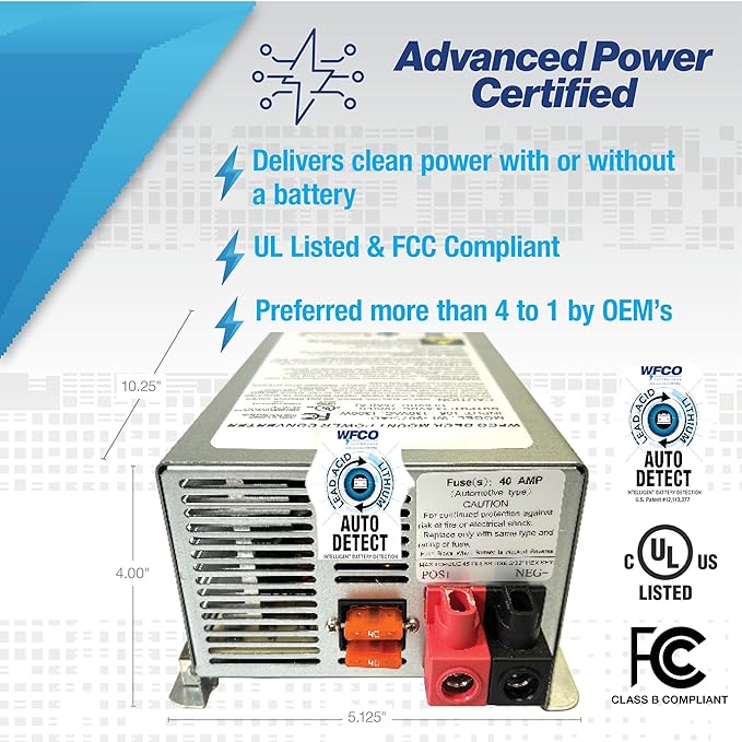 WFCO Genuine WF-9875-AD-CB RV Converter/Charger Deckmount 75Amp DC Output with Patented Auto Detect™ Technology Lead Acid Lithium Multi-Stage Charging