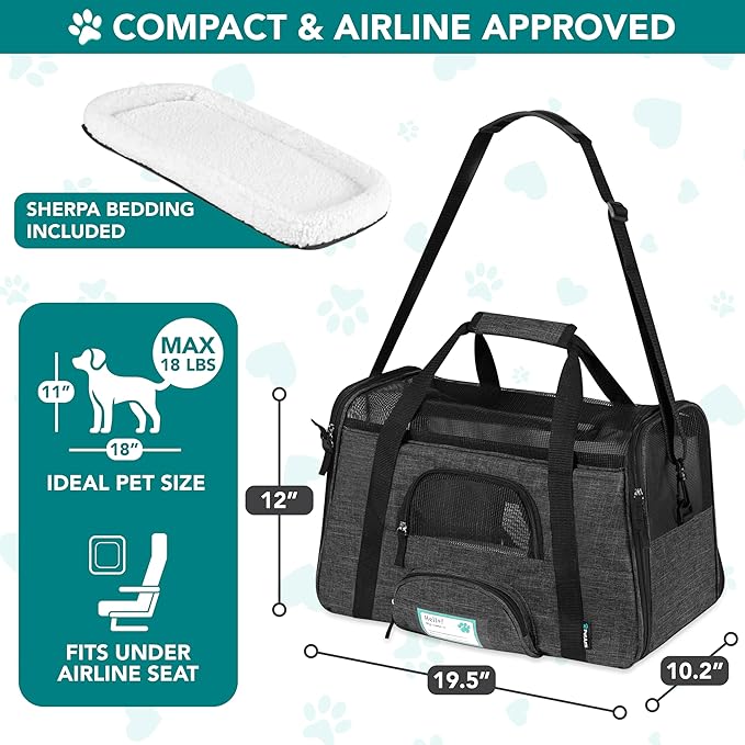 PetAmi Airline Approved Pet Carrier for Cats & Small Dogs, Soft Sided TSA Travel Carrier Bag with Sherpa Bed, Breathable Mesh Ventilation, Collapsible Bowl, Up to 18 lbs, Large Heather Dark Gray