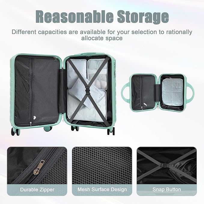 20 Inch Carry on Luggage with 14 Inch Cosmetic Case, 2 Pcs Hardshell Lightweight Durable Spinner Suitcase Set for Travel, Women, Men, TSA Lock, ABS, 20+14 Inch (Mint Green)
