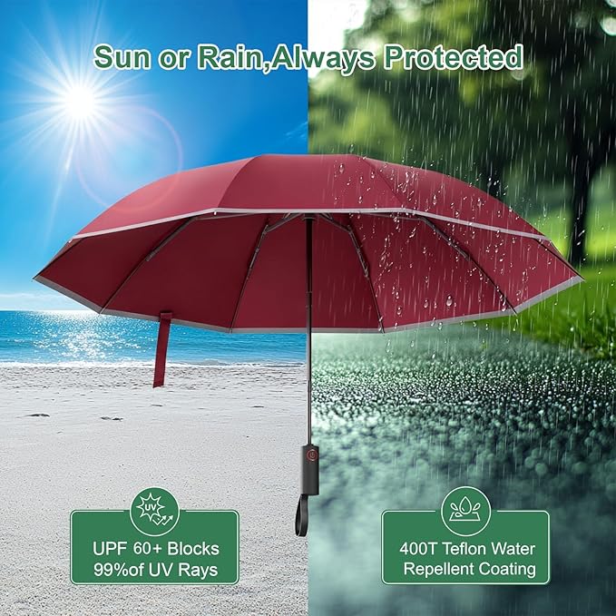 4-in-1 Inverted Travel Umbrella Compact, Automatic Large Umbrellas for Rain & Sun, Portable Windproof Umbrella for Backpack, Reverse Folding Umbrella for UV with Reflective Strips,Lightweight