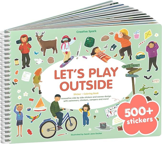 Let's Play Outside 500+ Kids Sticker Book by Cupkin Fun Toddler Travel Activity Coloring and Sticker Book, Road Trip Essentials, 12 Coloring Pages + 12 Scenes for Ages 2–8 Years