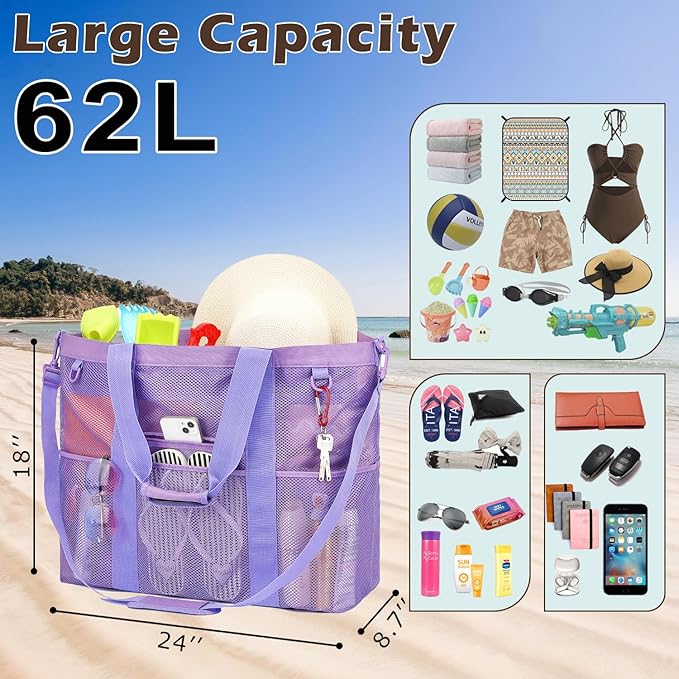 Fammart Mesh Beach Bag with Zipper, Large Beach Tote for Women, Toys Pool Swim Bag Travel Vacation Cruise Essentials