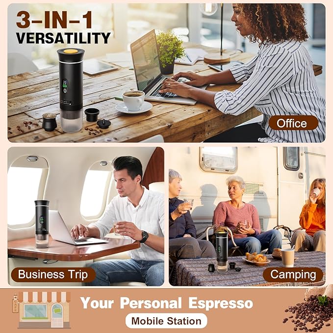 Portable Battery Travel Coffee Maker, 20 bar Mini Car Espresso Machines, 3-in-1 Self-Heating Electric Espresso Maker, USB-C Ground Coffee & Capsule Pod(Ns&DG) RV, Hiking