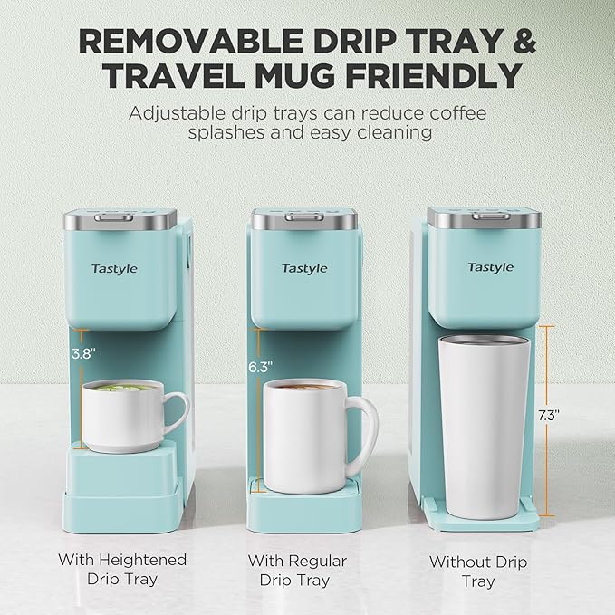 Tastyle Single Serve Coffee Maker with Built-in Detachable Milk Frother, Iced and Hot Coffee Machine for K Cup & Grounds, 40oz Removable Water Reservoir, 6 Cup Sizes, Fits 7.3" Travel Mug, Teal