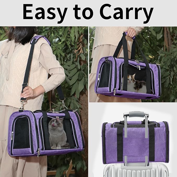 Soft-Sided Cat/Dog/Pet Carrier, Collapsible Pets Travel Carriers for Big Cats/Small Dogs with Shoulder Strap & Removable Mat, Mesh Puppy Carry Bag, Up to 25 Lbs(Purple)