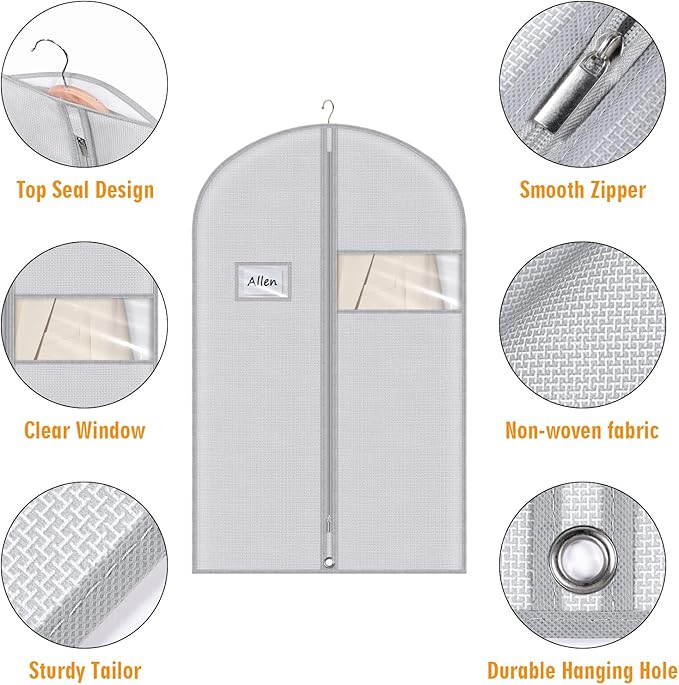 Syeeiex 40" Suit Bag, Set of 5 Garment Bags for Hanging Clothes, Suit Bags for Closet Storage, Garment Bags for Storage Suits,T-shirts, Jackets and Coats(Grey Pattern)