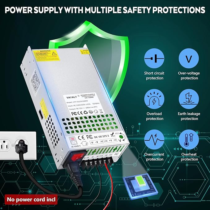 VAYALT 12V 100A 1200W DC Switching Power Supply, Universal Regulated Switching AC 110V/220V to DC 24V Transformer, Power Supply for Industrial, CCTV, Computer Project, LED Strip Light(No Power Cord)