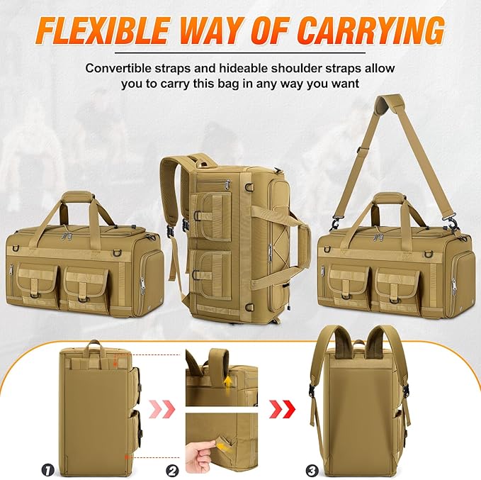 RAINSMORE 3 in 1 Gym Bag for Men, 45L Large Sports Duffle Bag with Shoe Compartment and Wet Pocket, Water-Resistant Tactical Backpack Carry On for Travel, Workout & Military Gear, Khaki