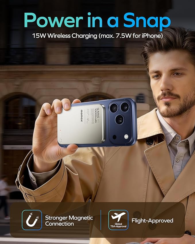 MOMAX Magnetic Portable Charger, 10000mAh Magnetic Power Bank PD 3.0 Battery Pack USB-C 15W Fast Charging Bank, 0.5inch Wireless Charger Compatible with iPhone 17/16/15/14/13/12 Series