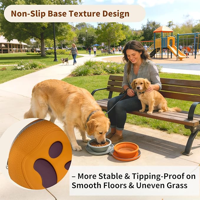 Collapsible Dog Bowls, 2-in-1 Silicone Pet Food and Water Bowl with Carabiner, Portable Double Compartment Dish for Travel, Camping, Hiking Puppy Essentials (Green Brown)