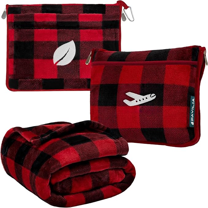 PAVILIA Travel Blanket Pillow, Airplane Blanket Set in Soft Bag with Pockets, Plane Blanket Compact Packable, Flight Essentials Car Pillow, Travelers Accessories Gifts, Luggage Strap, Plaid Red