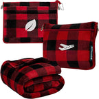 PAVILIA Travel Blanket Pillow, Airplane Blanket Set in Soft Bag with Pockets, Plane Blanket Compact Packable, Flight Essentials Car Pillow, Travelers Accessories Gifts, Luggage Strap, Plaid Red