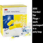 3M Ear Plugs, E-A-Rsoft Yellow Neons 311-4106, Metal Detectable Cord, 200 Pair of Disposable Earplugs, Pairs Wrapped, Regular Size, Corded, 32 NRR, Tapered Cylinder Shape, Slow Recovery Foam