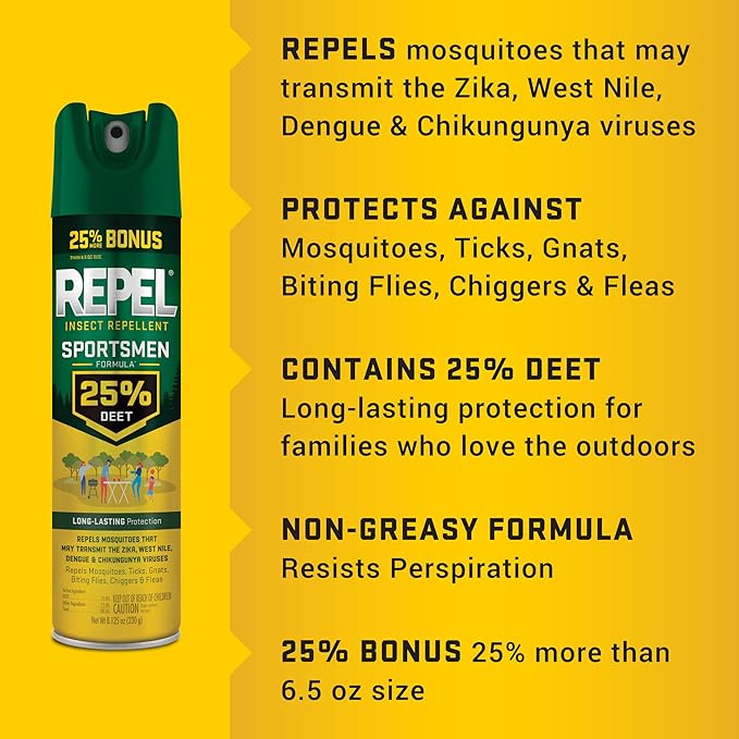 Repel Insect Repellent Sportsmen Formula 25% DEET, 8.125 Ounces, Bonus Aerosol with 25% DEET to Repel Mosquitoes, Ticks, Gnats, Biting Flies, Chiggers and Fleas for Long-Lasting Protection