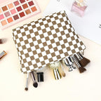 SOIDRAM 2 Pcs Checkered Makeup Bag Large Cosmetic Bag Toiletry Bag Makeup Pouch Travel Bag Organizer Cute Makeup Brushes Aesthetic Accessories Storage Bag for Women Coffee Brown