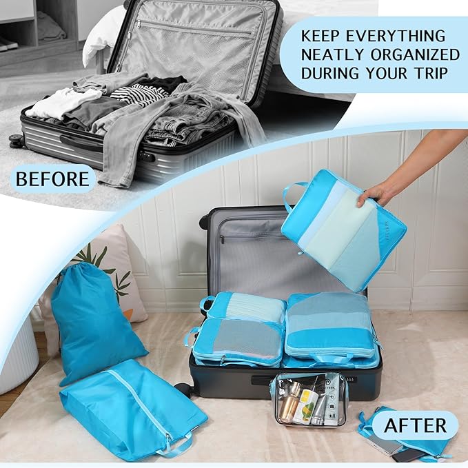 PFEYRPK Lightweight Compression Packing Cubes for Suitcases, Compressible Expandable Travel Packing Organizer with Clear Toiletries and Backpack Bag, Travel Essentials for Carry on Luggage 7 Set
