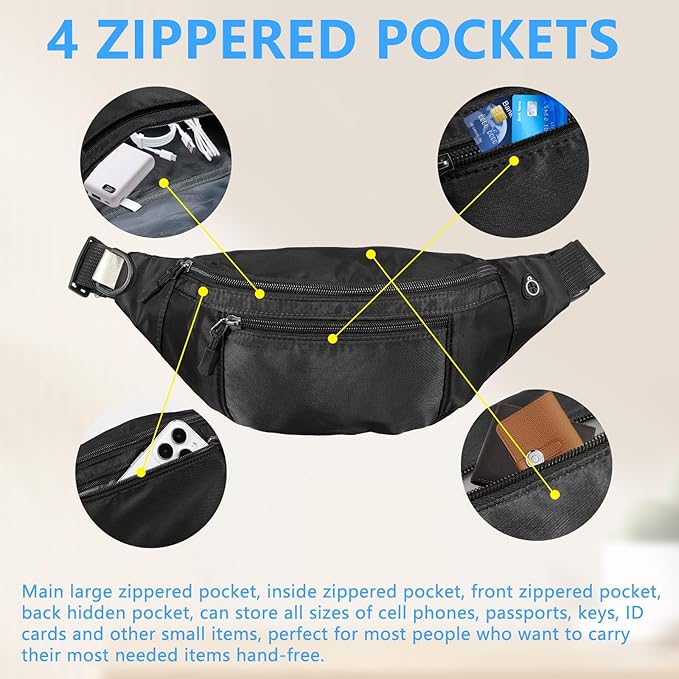 30PCS Crossbody Fanny Pack Bulk,Large Capacity Waist Bag with 4-Zipper Pockets Adjustable Strap Fanny Packs Waterproof Oxford Cloth Travel Belt Bag for Outdoor Shopping Travel Men Women,Black