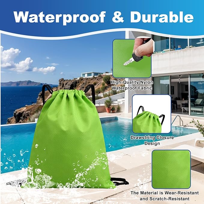 2-Pack Waterproof Drawstring Backpacks, Soccer-Texture Oxford Fabric, 16.9" × 13.8", Lightweight 0.19 lb Each, No Eyelets, Gym & Marathon Gear Sacks(Green)