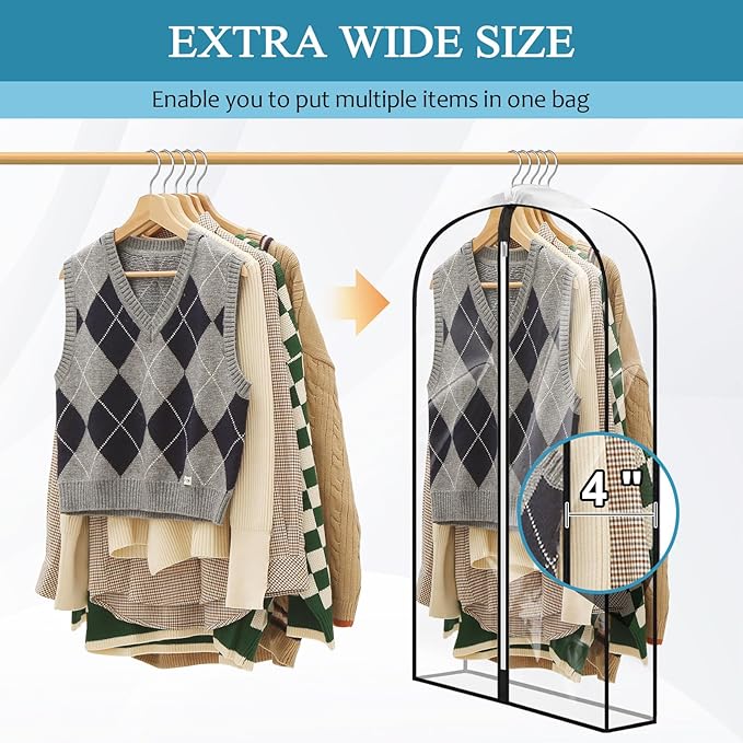 40" All Clear Garment Bags for Hanging Clothes, 4" Gusseted Suit Bags for Closet Storage, Plastic Garment Covers with Zipper for Coats, Jackets, Shirts, 4 Packs