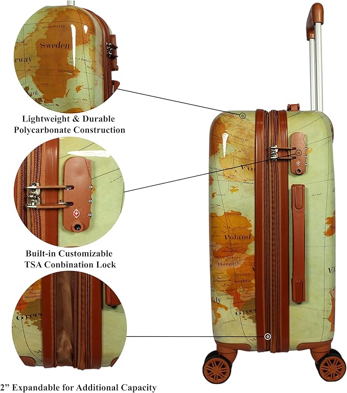 World Traveler VentureX Airline Approved 2-Piece Carry-On Luggage Set – Lightweight Hardside Polycarbonate Suitcase with Spinner Wheels - Europe