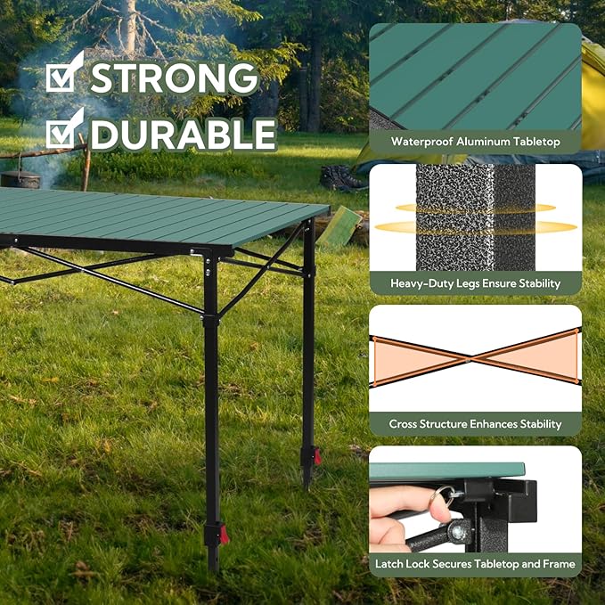 Join Nature Portable Outdoor Adjustable Height Camping Table, Large for 2-6 Person, Foldable Roll-up Aluminum Camp Table with Carry Bag for Picnic, Camp, Sturdy, Stable, Loads 220 Lbs (Green)