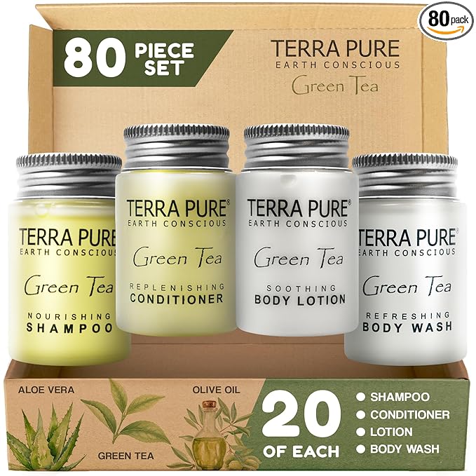 Terra Pure Green Tea Toiletries Set | 1-Shoppe Amenities Kit | 1oz Shampoo & Conditioner, Body Wash, Lotion | Travel Size | 80 Pieces