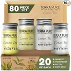 Terra Pure Green Tea Toiletries Set | 1-Shoppe Amenities Kit | 1oz Shampoo & Conditioner, Body Wash, Lotion | Travel Size | 80 Pieces