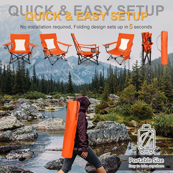 Joyfair Beach Camping Chair (2 Pack), Outdoor Folding Lawn Chair for Adults, Heavy Duty Portable Chair with Armrest for Outside Fishing, Sport, Patio, Cup Holder & Storage Pocket, Carry Bag (Orange)
