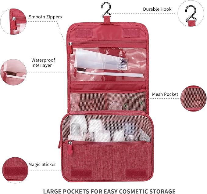 Lcsmaokin Large Capacity Toiletry Bag Travel Bag with Hanging Hook for Men and Women Waterproof Travel Cosmetic Bag Bathroom Storage Bag for Brushes Set, Full-Sized Shampoo, Toiletries, Wine Red