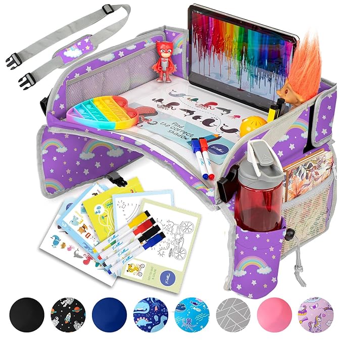 PILLANI Kids Travel Tray for Car - Car Seat Tray for Kids w/ Tablet & Cup Holder - Toddler Travel Activities for Car & Airplane - Road Trip Essentials & Must Haves - Carseat Table Roadtrip Activities