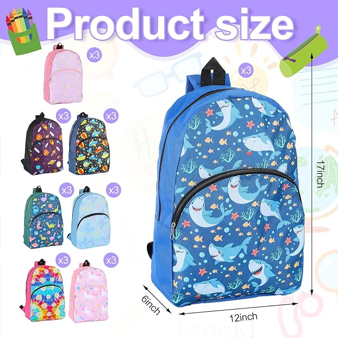 24 Pack School Backpack Bulk 15'', Assorted Printed Bookbags for Boys Girls, Homeless Donations Supplies