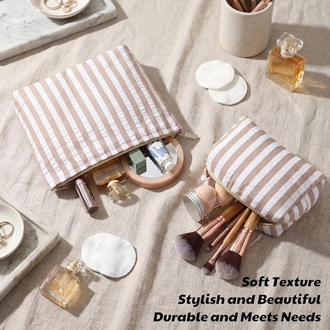 Huhumy 2 Pcs Makeup Bag Set Cute Cosmetic Pouch for Women Seersucker Travel Toiletry Bag Preppy Small Makeup Purse Pouch Aesthetic Skincare Brushes Storage Organizer for Valentine Women(Khaki Wide)