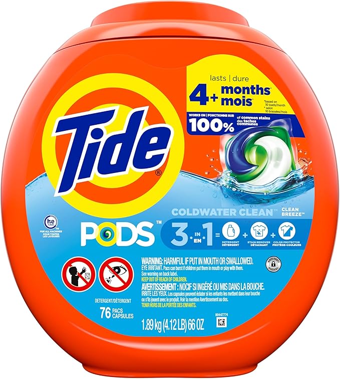 Tide PODS laundry detergent pacs, 3-in-1 Stain Remover, Odor Fighter, Color Protector, 76 Count, HE compatible, Clean Breeze Scent