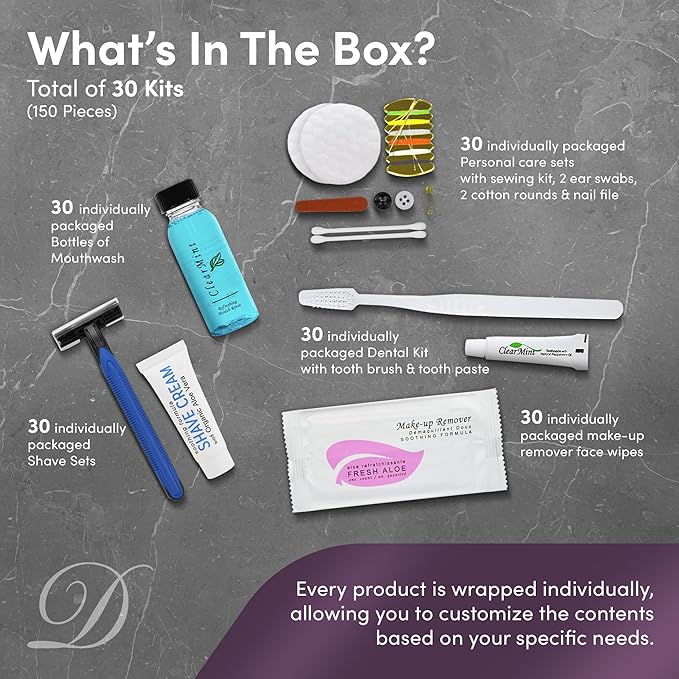 Personal Care Travel Toiletries | 1-Shoppe Amenities Kit | Travel Shaving Set, Toothbrush & Paste, Mouthwash, Makeup Wipes, Swabs, Nail File & Sewing Kit | 150 Pieces