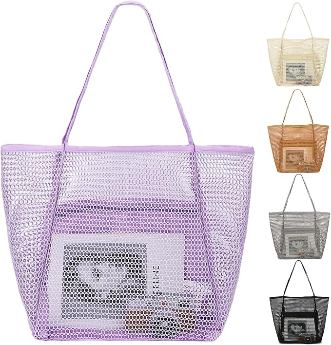 Fammart Mesh Beach Bag, Large Beach Tote with Zipper Pocket, Toys Pool Bag for Family Travel Vacation Cruise Essentials