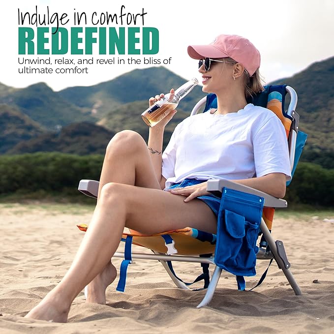 SUNNYFEEL Low Beach Chair, 5-Position Lay Flat Reclining, Backpack Portable Folding Chair with Cooler Bag & Cup Holder, Heavy Duty 350 LBS, Compact for Beach, Camping, Travel