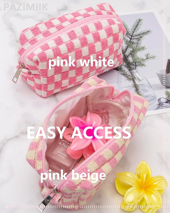 PAZIMIIK 6PCS Checkered Makeup Bag for Purse Portable Zipper Make Up Pouch Small Cosmetic Case for Travel Accessories Pink Beige