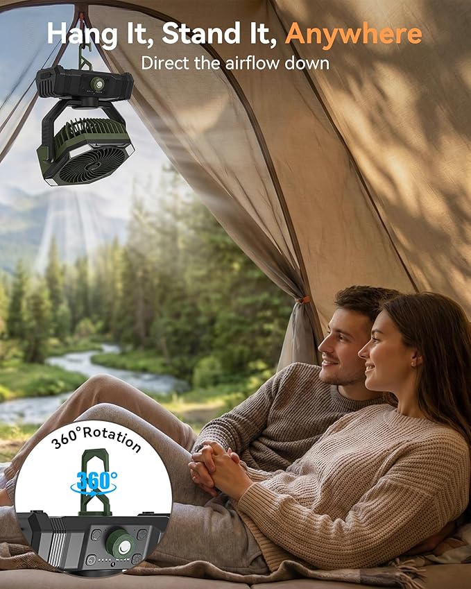 USONE Misting Fan, Portable Camping Fan Rechargeable, 20000mAh Battery Powered Fan for Camping with Light, Remote & Timer, Hanging Tent Fan with Hook for Outdoor fishing, Travel, Work,Olive Green