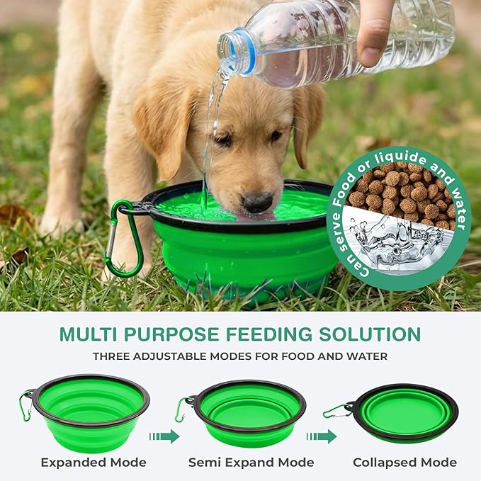 Collapsible Dog Bowls for Travel, Portable Dog Water Bowl & Food Bowl for Dogs and Cats, Foldable Pet Feeding Dish for Walking Hiking Camping with Carabiner, BPA Free (Green)